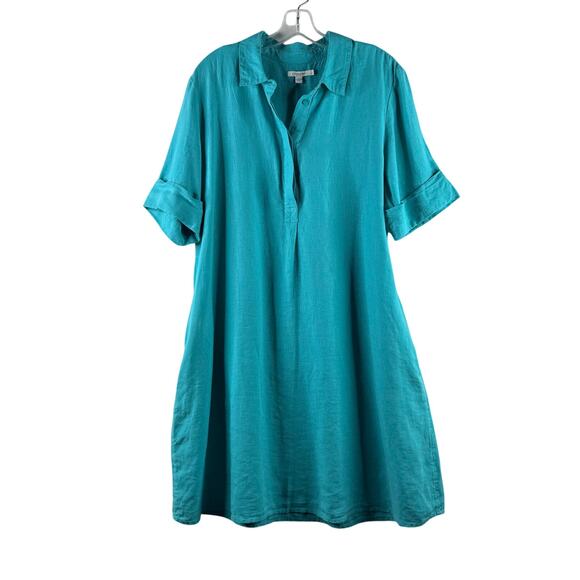 Chico's Dresses & Skirts - Chico's Linen Popover Shirt Dress Blue Turquoise Womens 3 XL Short Sleeve